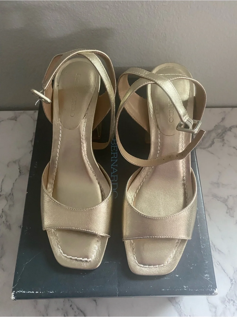 Bernardo Metallic Gold Strappy Block-Heel Sandals